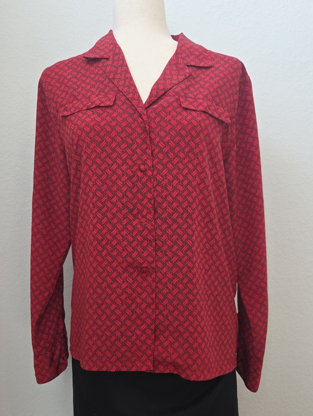 Vintage 90s Women’s Red Patterned Long-Sleeve Secretary Blouse Office Teacher
